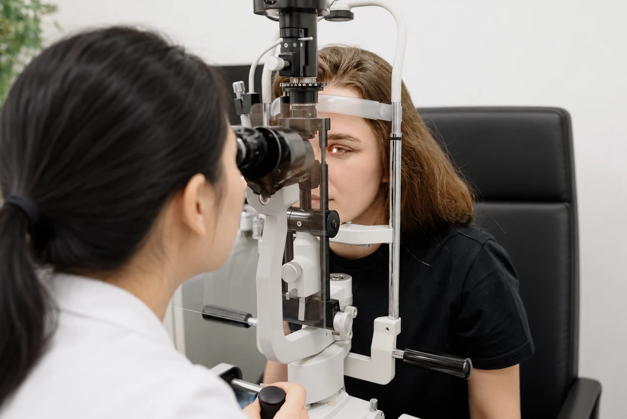 An optometrist examining a patient’s eyes with a slit lamp